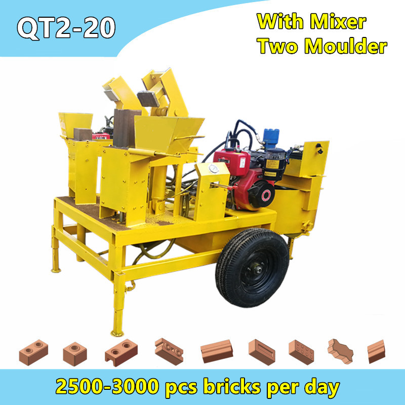 QT2-20 hydraform diesel engine movable solid soil interlock block machine with mixer